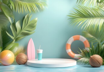 Tropical Summer Scene with Surfboard, Refreshing Drink, Pool Floats, and Lush Greenery