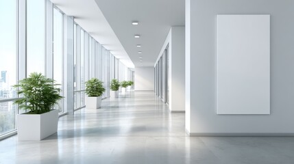 Obraz premium Bright Modern Office Hallway with Large Windows and Potted Plants, Featuring Blank Poster for Customization