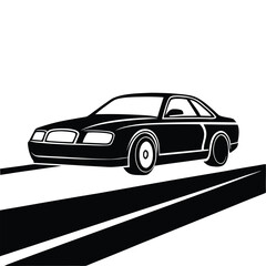 Naklejka premium Stylish Black and White Silhouette of a Modern Coupe Driving on a Highway, Representing Speed, Elegance, and Effortless Movement.