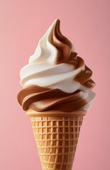Creamy swirl of chocolate and vanilla ice cream in a waffle cone against a pink background for dessert lovers and food photography