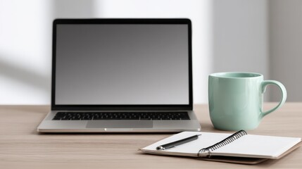 Fototapeta premium Laptop with Notebook and Coffee Mug on a Desk in a Brightly Lit Work Environment