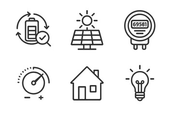Renewable energy icons: battery, solar panel, meter, speedometer, house, light bulb