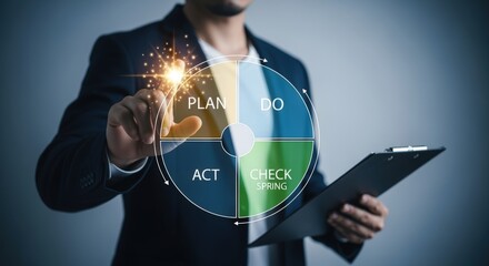 Business Professional Demonstrating PDCA Cycle with Digital Interface, Emphasizing Continuous Improvement and Strategic Management