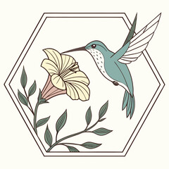 Minimilist hummingbird hovering near a flower inside a hexagon frame with leaves and a long beak design art vector