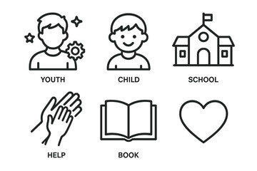 Youth education icons - child, school, book, heart, hands