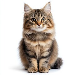 Obraz premium Adorable fluffy kitten with striking eyes sitting gracefully on a white background looking curiously at the camera