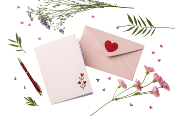 Romantic stationery set with red heart seal and floral accents isolated on transparent background