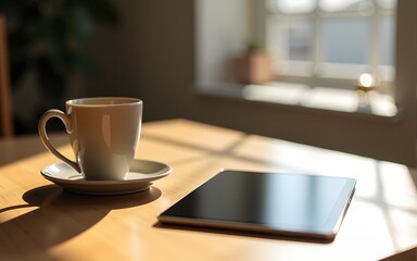 Tablet and Beige Mug on Wooden Table in Sunlight. High quality