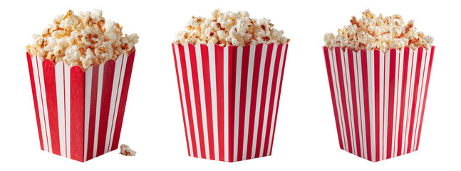 Three Red and White Striped Popcorn Containers on Transparent Background