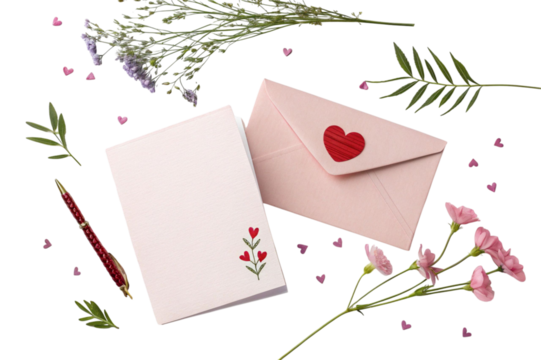 Romantic stationery set with red heart seal and floral accents isolated on transparent background