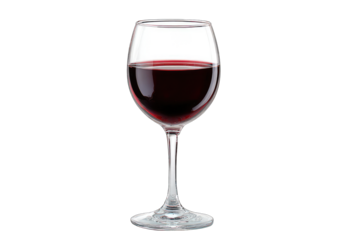 Clear glass wine glass filled with dark red wine