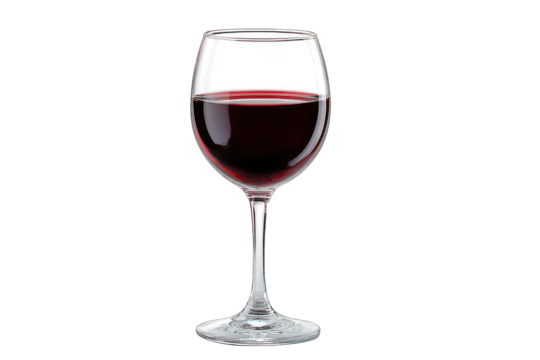 Clear glass wine glass filled with dark red wine