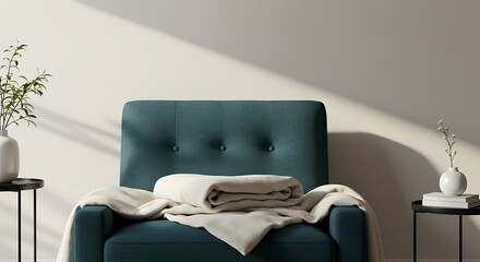 Fototapeta premium Comfortable Teal Armchair with Plush Throw Blanket and Decorative Vases on Side Tables
