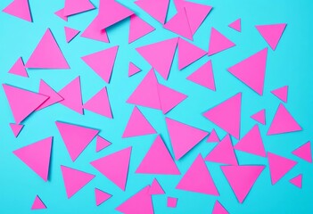 Pink & blue paper triangles scattered on turquoise background , shape, pink