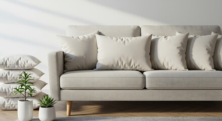 Modern minimalist living room interior with a beige sofa, neutral cushions, and potted plants.