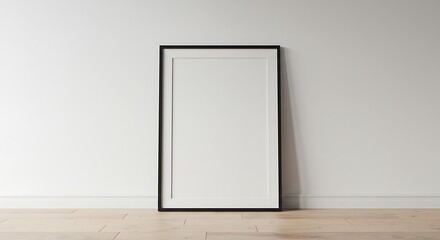 A clean, blank black-framed poster mockup leans against a white wall on a light wooden floor