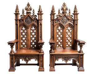 Two ornate gothic wooden thrones with intricate carvings isolated on white background PNG.AI Generated