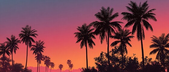 Silhouetted palm trees against tropical sunset with purple-orange gradient sky. 65% negative space minimalist composition.