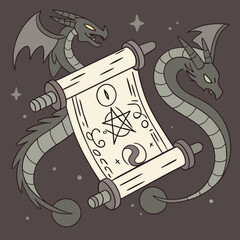 Minimilist two dragons guarding a magical scroll with symbols and stars in a fantasy setting drawing vector