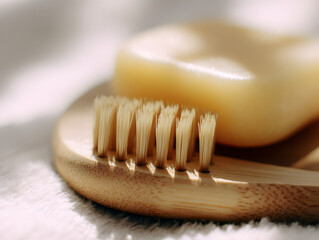 Eco-friendly bamboo toothbrush resting on a wooden