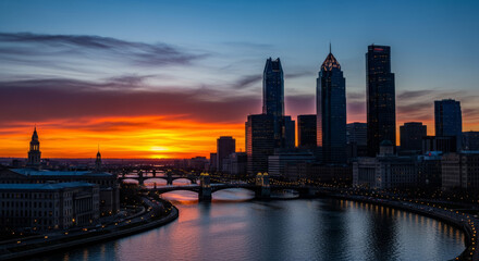 Business district of a large evening city during sunset.