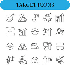 Target set of web icons in line style.  Designs include bullseyes, upward arrows, mountains with flags, maps with pins, and human figures.