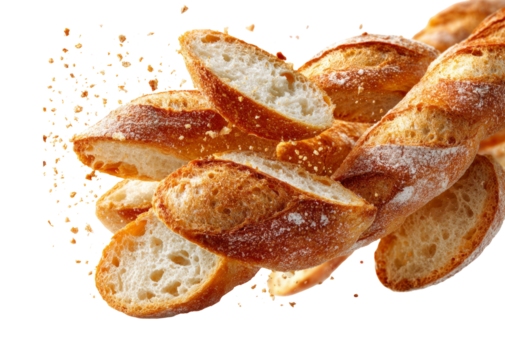 Sliced Baguette Pieces Floating on Transparent Background