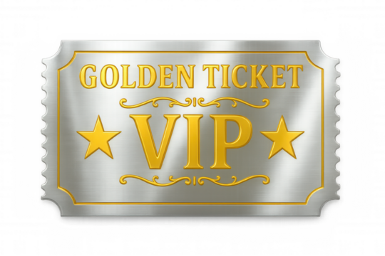 Golden vip ticket hovering against transparent backdrop, symbolizing premium access, exclusive privilege, luxury invitation