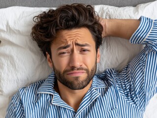 Man lies on a pillow with a sad, distressed expression, hand behind his head, wearing blue striped pajamas.