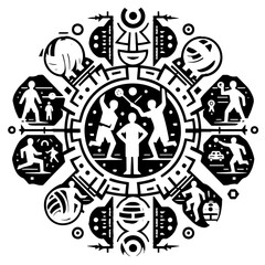Circular emblem depicting various sports and activities in a stylized black and white design