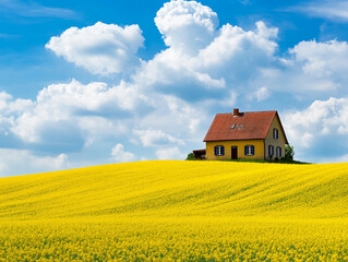 A red-roofed house with white-framed windows stands in a vast, vibrant yellow field of flowers under a bright blue sky with fluffy white clouds, with a single white-blossomed tree nearby.
