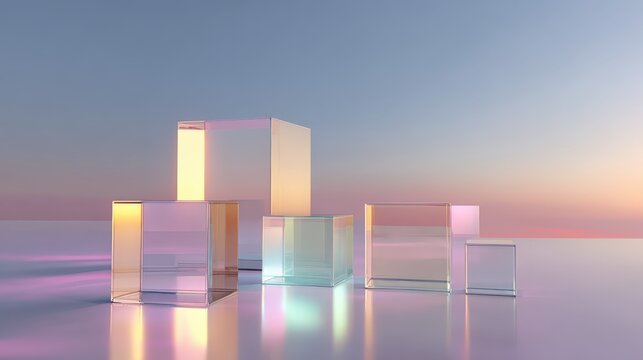 Abstract Glass Cubes Composition with Iridescent Reflections and a Pastel Sky Background for Product Mockups