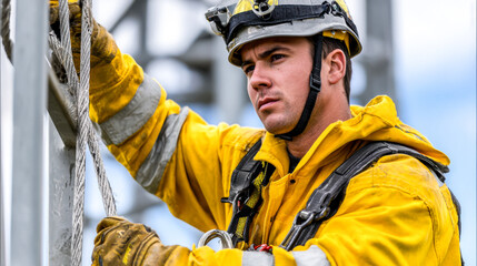 Maintenance engineer worker yellow safety suit is focused performing tasks height, showcasing dedication and professionalism