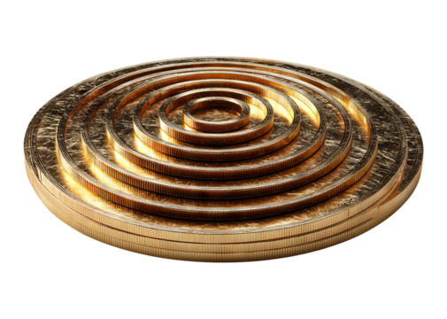 Stacked Golden Oil Coins Arranged in Circular Pattern on Clear Base
