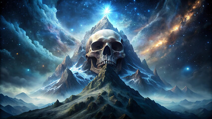 Surreal haunted mountain shaped like skull under stormy sky