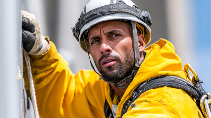 Maintenance engineer worker in yellow jacket and helmet is focused on his task, showcasing determination and skill
