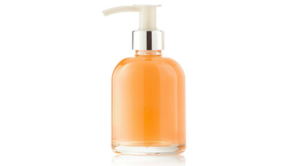 Fototapeta premium Clear bottle with pump filled with orange liquid on white background for beauty and wellness product photography