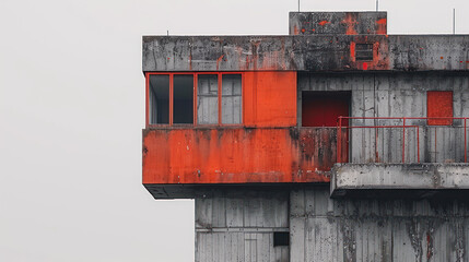 Abandoned Concrete Structure with Bold Orange Accents Against a Gray Sky in Urban Environment