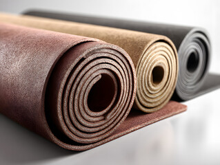 Foldable yoga mat in muted earth tone rolled half