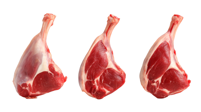 Raw lamb chops on a white background, with bones and fat clearly visible, emphasizing fresh, uncooked protein.