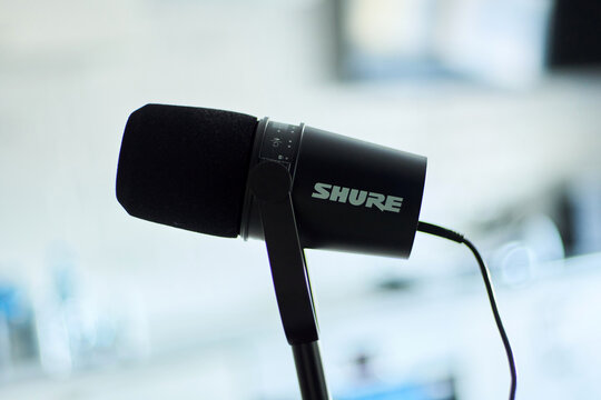 Tyumen, Russia-July 8, 2025: High-quality microphone Shure setup in a modern recording studio during a focused audio session