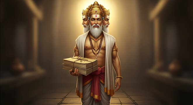 Lord Brahma hindu god with four heads holding sacred scriptures