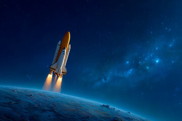 Space Shuttle Launching into Starry Sky Above Earth with Bright Flames and Thrusters