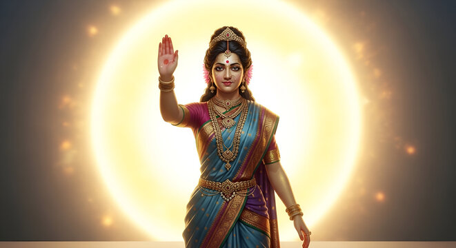 Devi blessing with golden halo in blue sari hindu goddess illustration