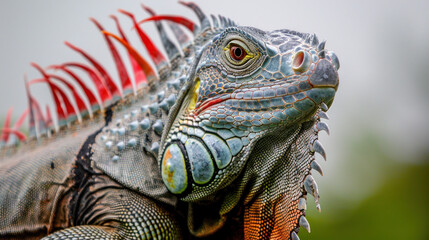Fototapeta premium Vibrant Iguana With Colorful Scales And Spiky Crests Set Against A Soft Background In A Natural Habitat