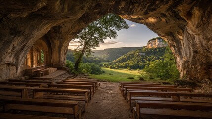 Fototapeta premium Ethereal Chapel Cave Overlooking Lush Valley: A Blend of Nature and Architecture