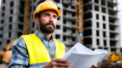 Civil engineer inspects construction plans at building site, showcasing focus and determination