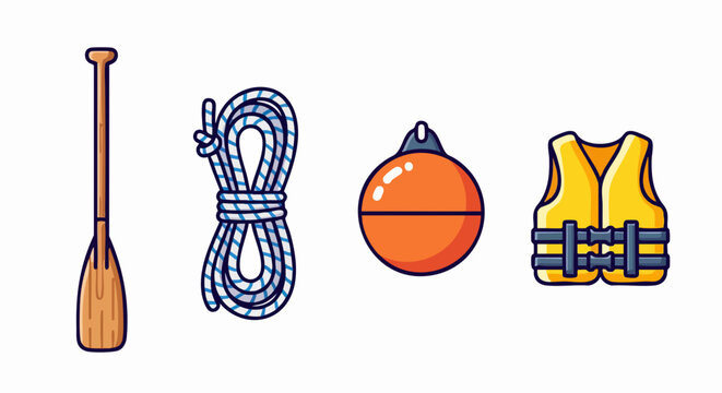 Vector SVG Icon Set with Lifeboat Paddle Rope Buoy and Life Vest in Flat Design Style