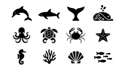 Fototapeta premium Silhouette sea creatures icons: ocean life collection featuring marine animals