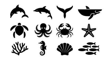 Naklejka premium Silhouette sea creatures icons: ocean life collection featuring marine animals
